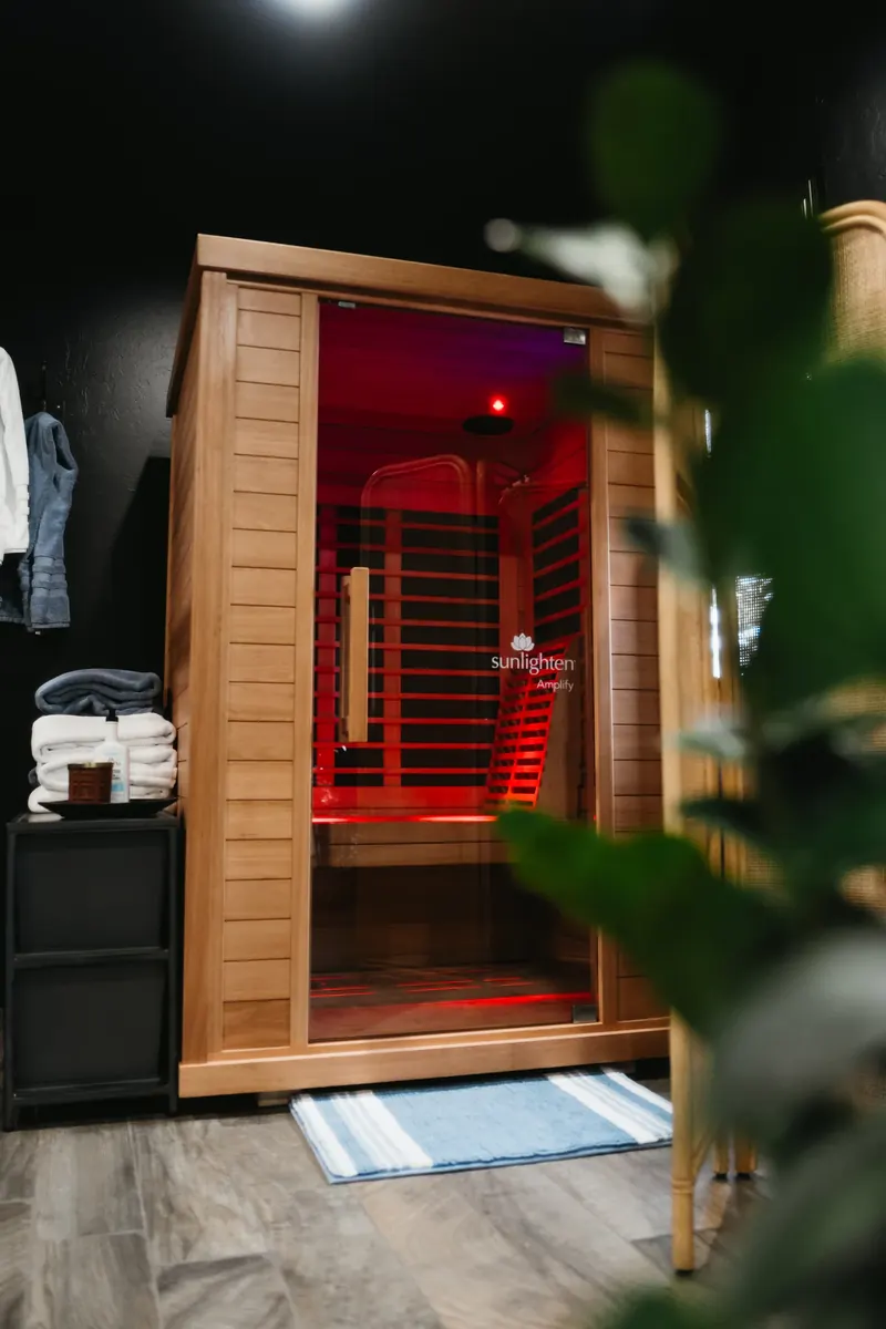 Recovery lounge with sauna at Black Wall Strength in Edmond, OK